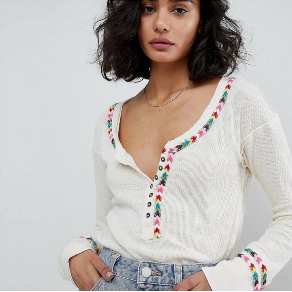 Free People We The Free Cream Rainbow Thermal Knit Long Sleeve Top Size XS